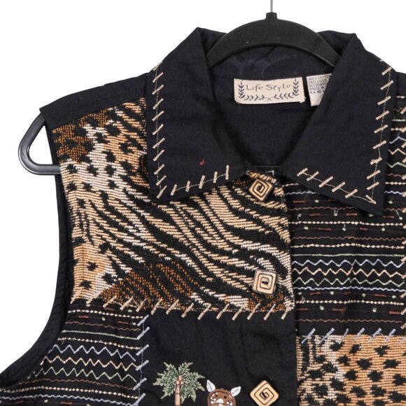 Life Style VTG Vest L Womens Black Cats Leopard Zebra Print Safari Embroidery - Picture 2 of 6